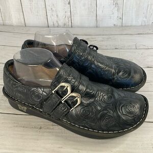 Alegria Alli Black Silver Rose Tooled Leather Embossed Shoes